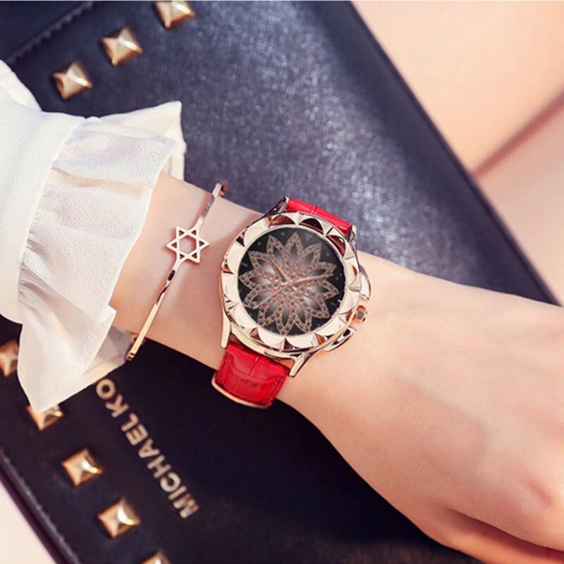 Luxe dames armbandhorloge leren band polshorloge bloem kristal strass quartz horloges casual damesklok