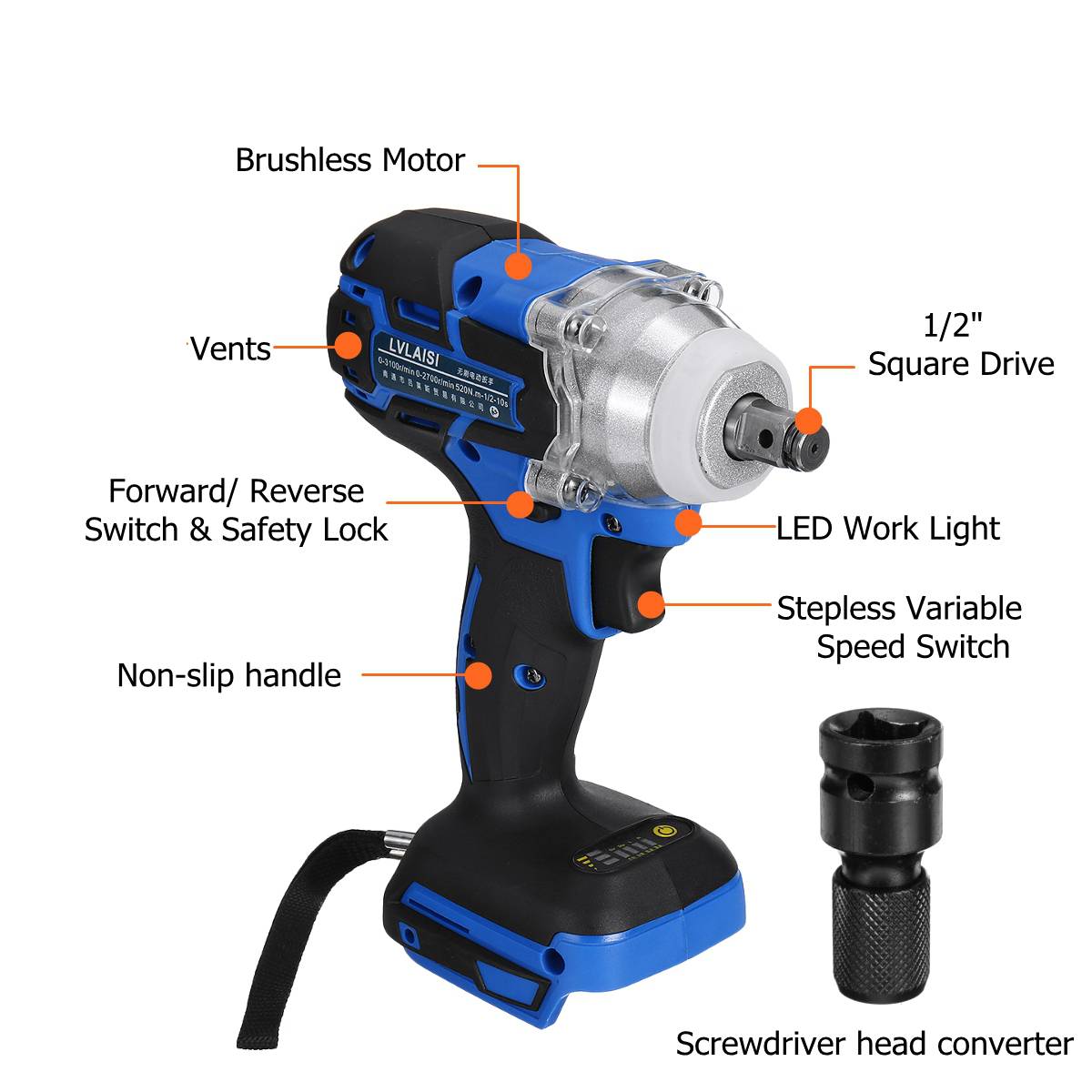 18V 520N.m. Li-Ion Cordless 1/2'' Impact Wrench Driver Replacement for Makita Battery