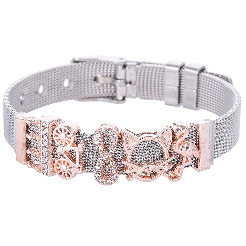 TOGORY Stainless Steel Mesh Bracelet With Crystal Cartoon Dog Claw Charms Fine Bracelets Set For Women Kids: 3