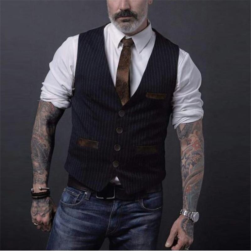 Chaleco de traje negro a rayas para hombre, chaqueta sin mangas Vintage con botonadura, de primavera y otoño,