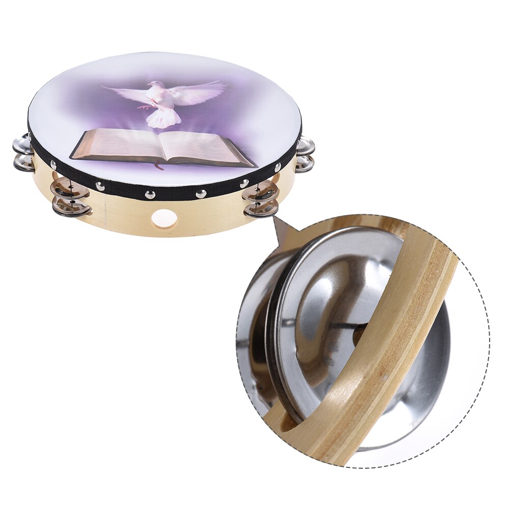 8" Double Row Jingle Tambourine Handbell Clap Drum Percussion Instrument with Dove &amp; Bible Pattern for Church