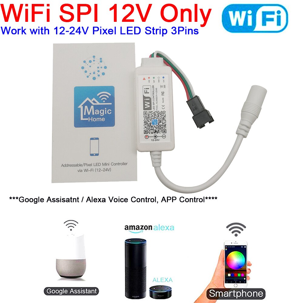 Magic Home-controlador de tira LED para teléfono inteligente, RGB, RGBW, Bluetooth, Control RF/infrarrojos, Control remoto por voz, Alexa y Google: WiFi SPI 12V