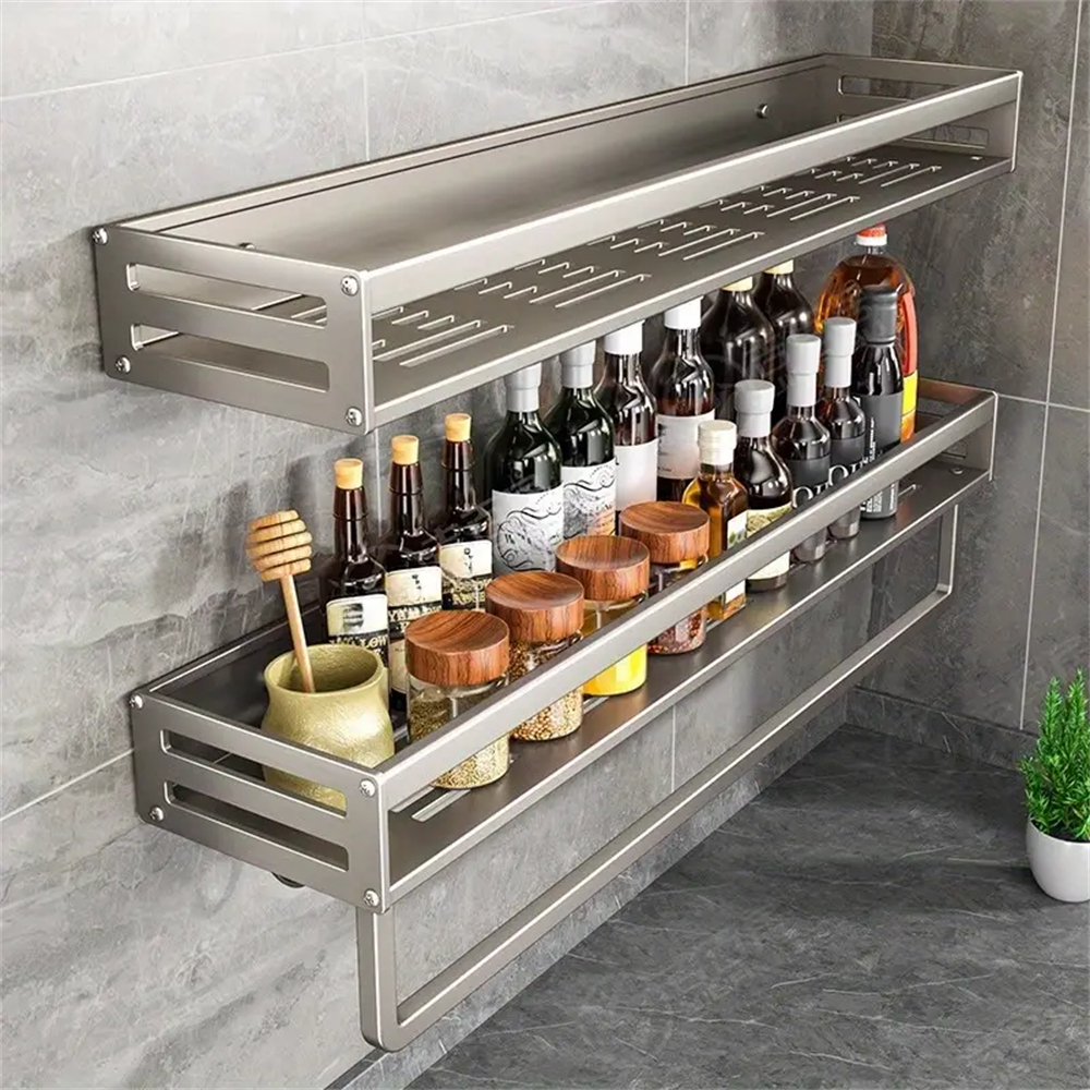 Estante de aluminio para especias montado en la pared, estante multifuncional para artículos, ganchos para herramientas de cocina, estante de almacenamiento de condimentos, 1/2 Uds.