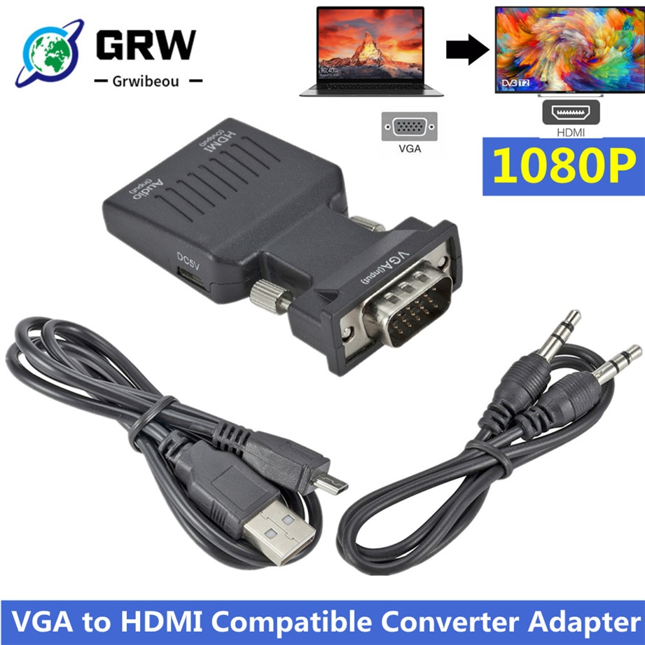 Grwibeou VGA to HDMI Compatible Converter Adapter 1080P VGA HDMI Adapter For PC Laptop to HDTV Projector Video Audio Converter