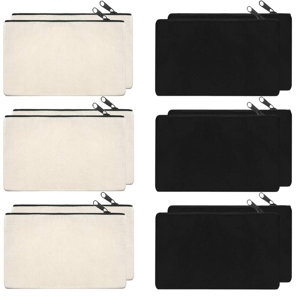 12 Pack Canvas Zipper Bags, Multi-Purpose Blank DIY Craft Pouches for Makeup, Travel, Party , Organize Storage (Black,White）: Color mixing