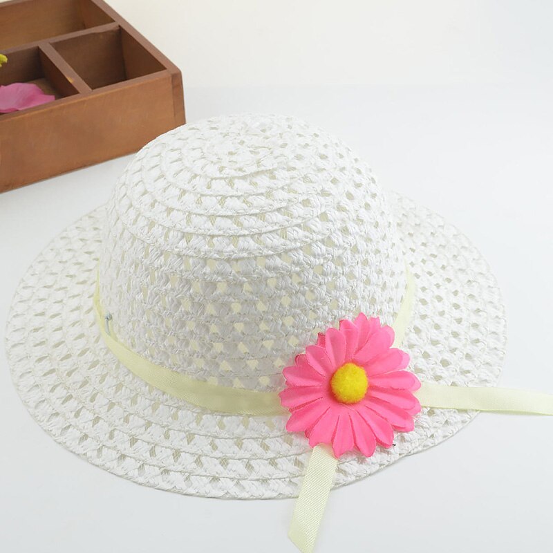 Straw Hat Summer Children Sun Flower Solid Color Lace Sun Hat Kids Sweet Bonnets Girl Beach Travel Hat Cap With Woven Basket: 05