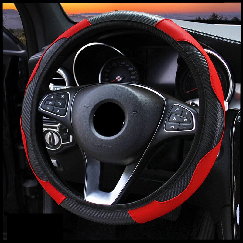 Auto Stuurwiel Carbon Fiber Lederen Universele Accesorios Para Autos Interieur Funda Volante Coche Anti Slip Decoratie: red