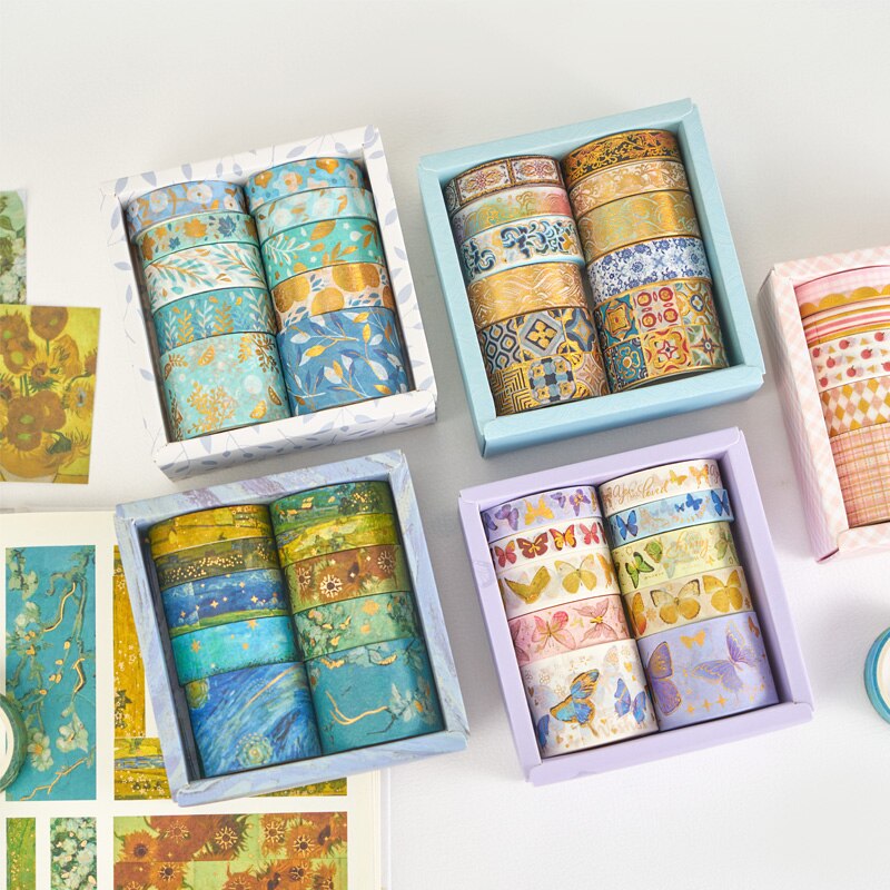 Juego de 10 rollos de cinta Washi dorada de estilo chino, cinta adhesiva de estilo chino, álbum de recortes, agenda, papelería