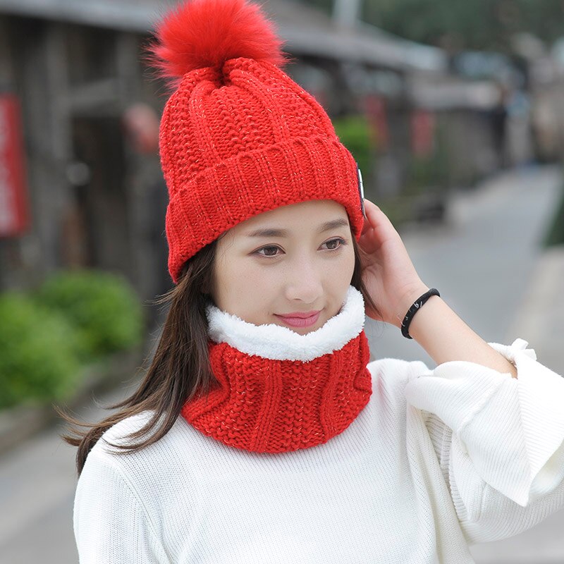 Efterår vinter kvinders hat kasketter strikket uld varmt tørklæde tyk vindtæt balaclava multifunktionelt hat tørklæde sæt til kvinder: Rød
