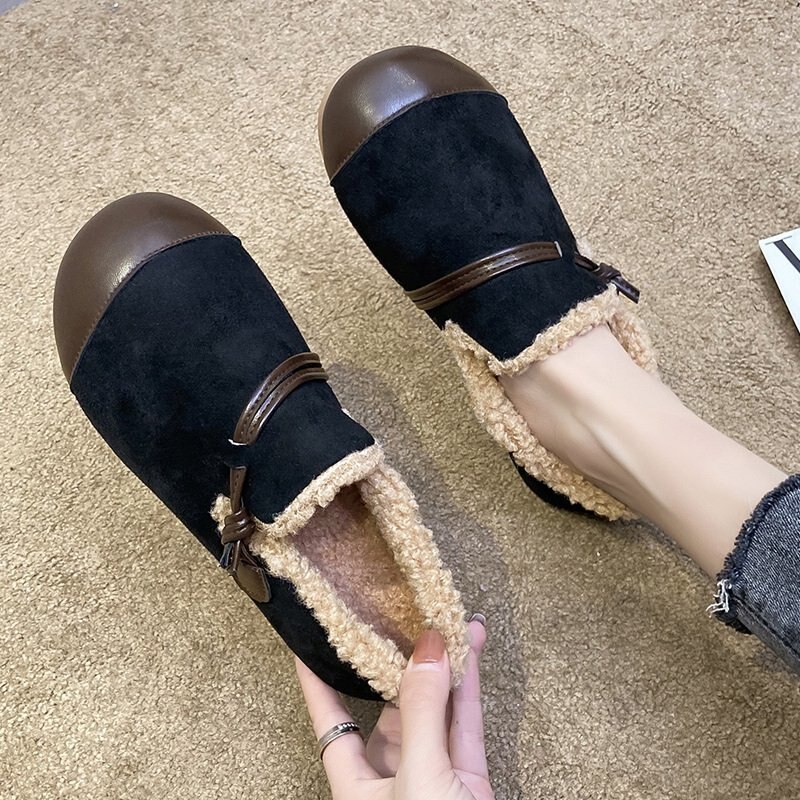 Mocassin chaussures femmes chaussures femme bout rond mocassins fourrure Slip-on baskets décontractées bouche peu profonde mocassins robe d'hiver grande taille