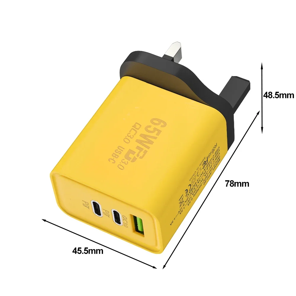 65 W 3 Poorten GaN USB PD Mobiele Telefoon Opladers USB C Naar Type C Hoge snelheid Opladen Datakabel Koord QC3.0 Mobiele Telefoon Muur Adapter: Kr