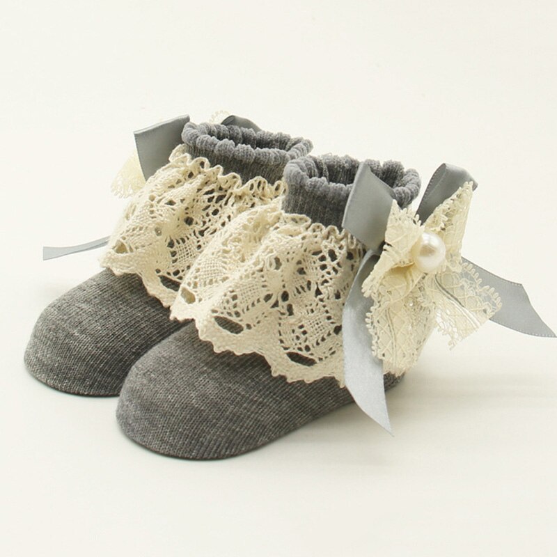 1 Pair Baby Girls Princess Bowknots Socks Lace Floral Baby Socks Infant Toddler Cotton Ankle Bow Socks meia infantil: 0 to 12months gray