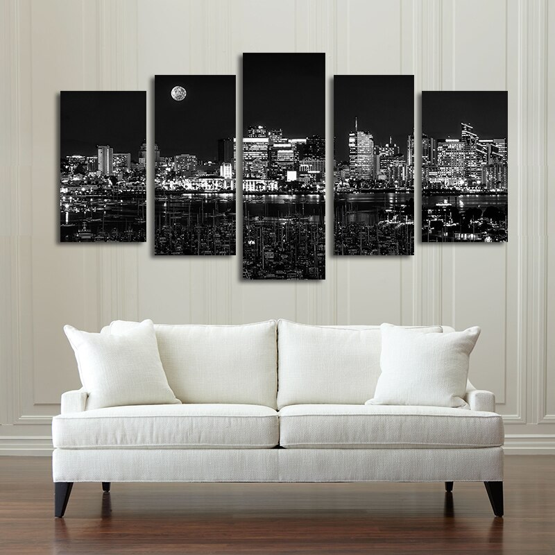 Quadros decoração moderna poster 5 peças, preto e branco, cidade noturna, pintura em tela, imagens de arte para parede, sala de estar