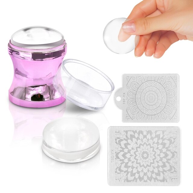 1set Einfach-Französisch Nagel Stamper Monocle Klar Gelee Drucken Silikon Transfer Druck Schaber Nagel DIY Vorlage Stanzen: Purple 2 stamplates