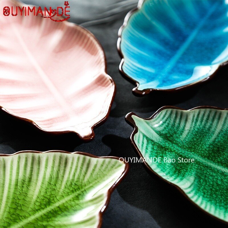 Japonés hielo Crack forma de hoja de cerámica, platos para aperitivos placa bajo esmalte de porcelana de la placa de la cena salsa picante plato de Sushi, torta bandeja