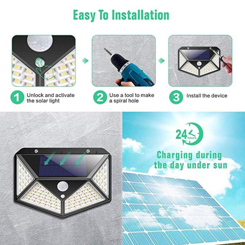 100/208LED Solar Motion Sensor Wall Light Waterproof Yard Security Lamp 3 Modes 120 Degree Four-Sided Wall Lamp