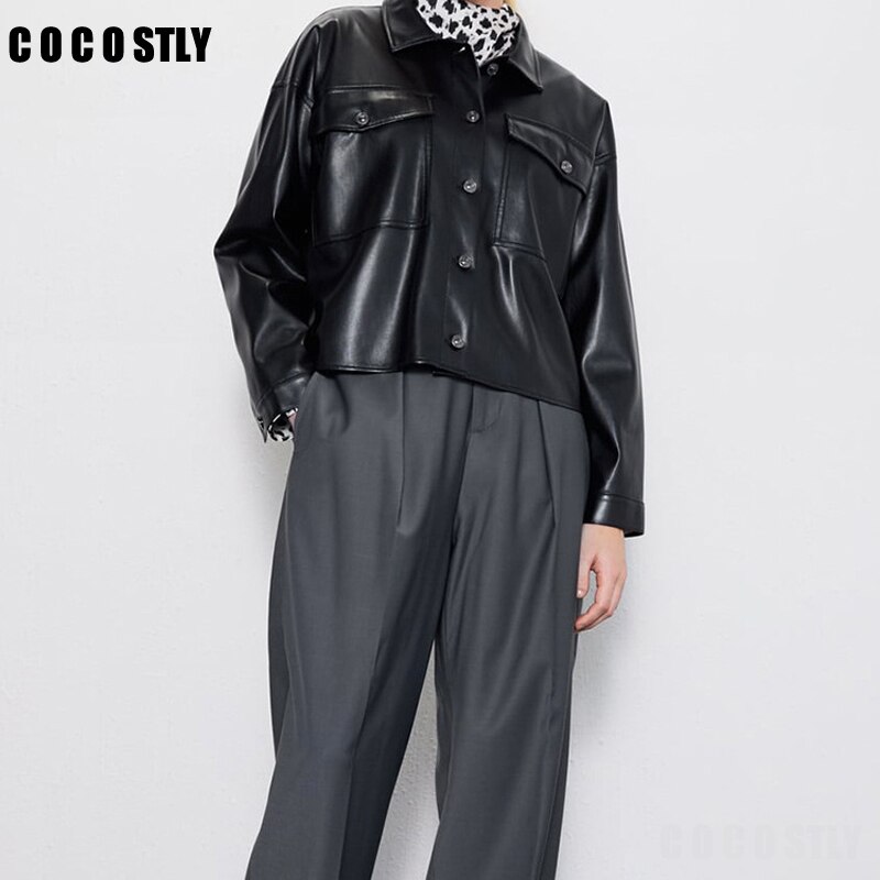 Autumn PU Leather Jacket Women Soft Faux Leather turn down collar Pocket Outwear Coat Black loose short jackets Trench