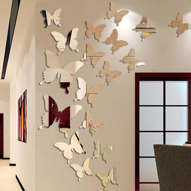 Espejo de mariposa 3D para decoración de la habitación de los niños, pegatina de pared, arte extraíble, decoración de boda, cristal, 12 unids/lote