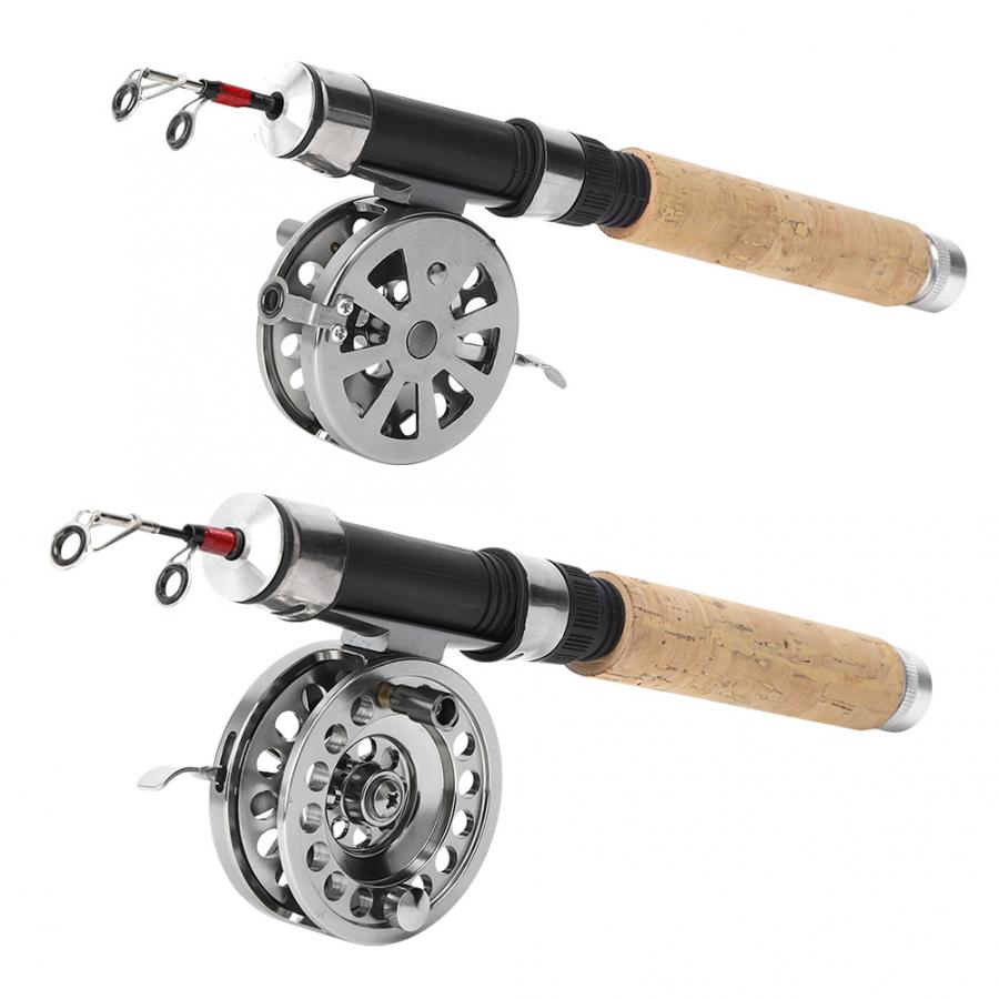 Ice Fishing Wheel Rod Set Mini Lightweight Portable Ice Fishing Wheel Baitcasting Reel with Telescopic Wooden Handle Rod Pole