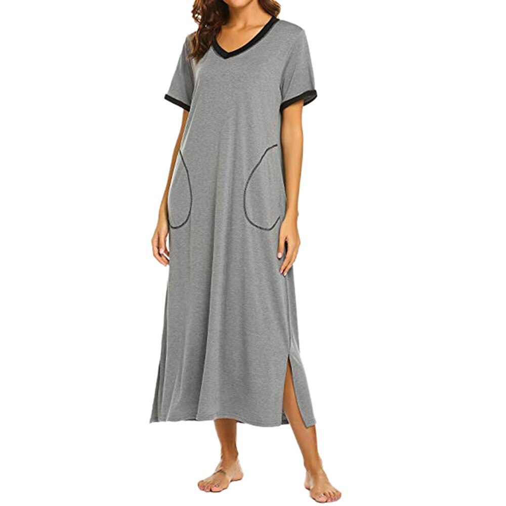 plus size Women’s Nightshirt Short Sleeve Nightgown Ultra-Soft Full Length Sleepwear Dress пижама женская: GY / L2