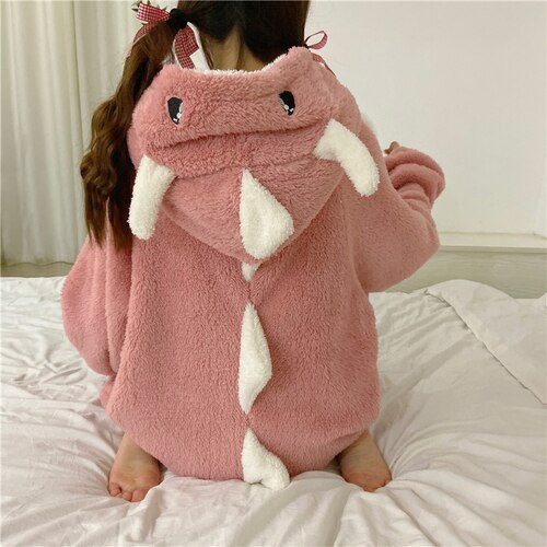 Pijamas con orejas de dibujos animados para mujer, ropa de dormir con capucha de lana de Coral, bonita y cálida para el hogar, Otoño e Invierno: Pink