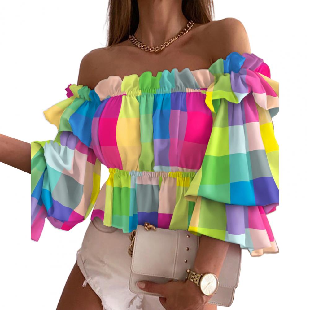 Sexet sommertop med flare-ærmer og off-shoulder-fløjlsskjorte med blomsterprint og let skjorte til hverdagsbrug: L / Blå