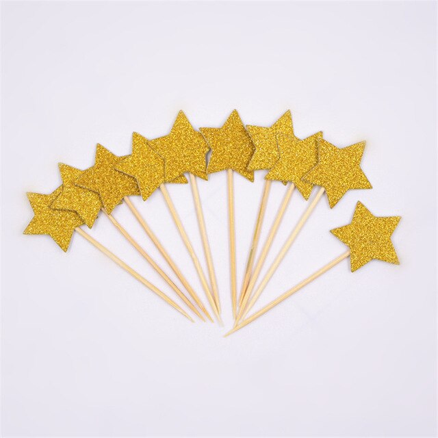10pcs Mini Star Cupcake Toppers Birthday Cake Topper Cake Decoration Wedding Party Decorations Cake Flags Party Supplies: Gold