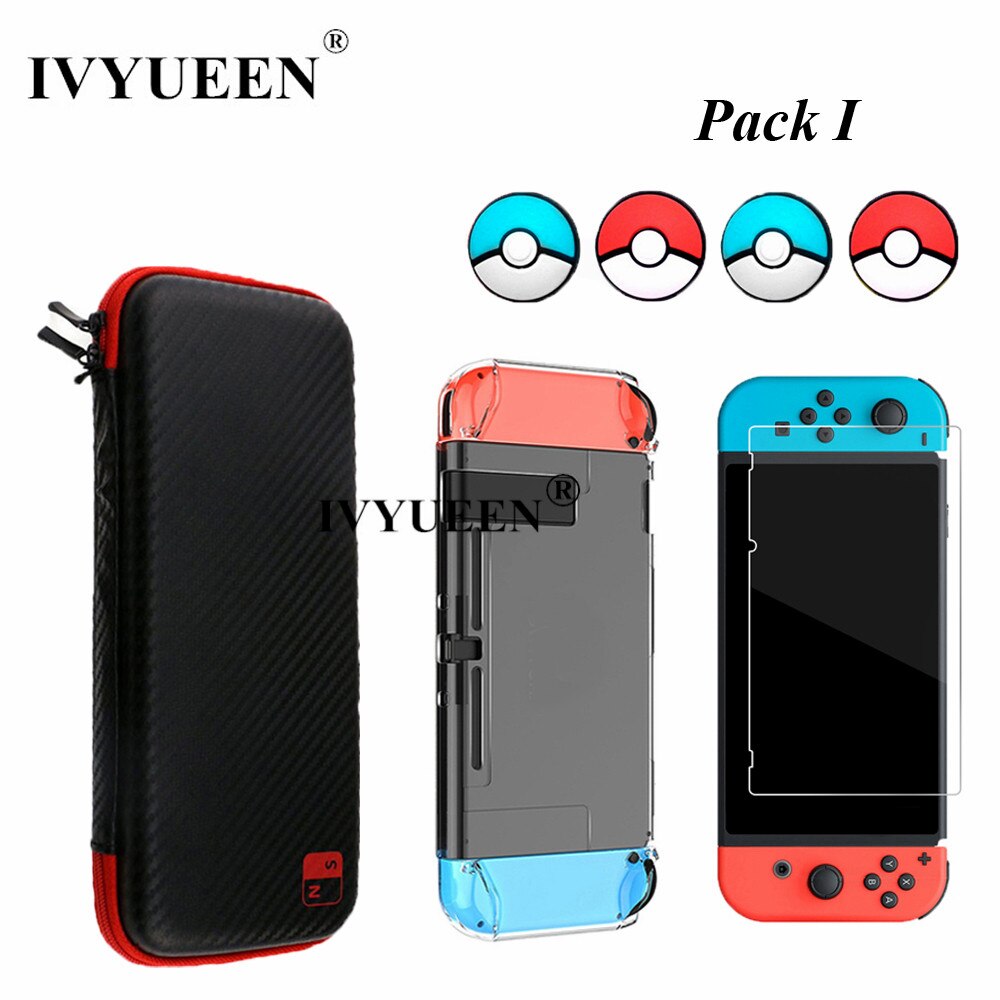 IVYUEEN para la consola Nintendo Switch NS bolsa de almacenaje de transporte protector de pantalla de vidrio templado Shell + funda de silicona para Joy-Con: Pack I