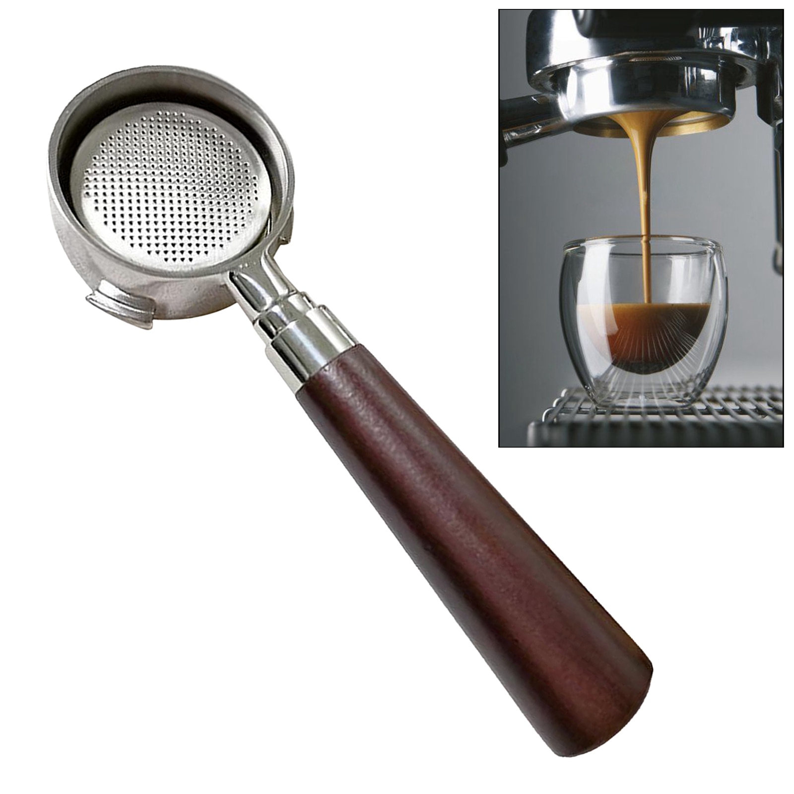 Koffie bodemloze portafilter, doseerring espresso koffie trechter, houten handvat filterhouder , 51mm