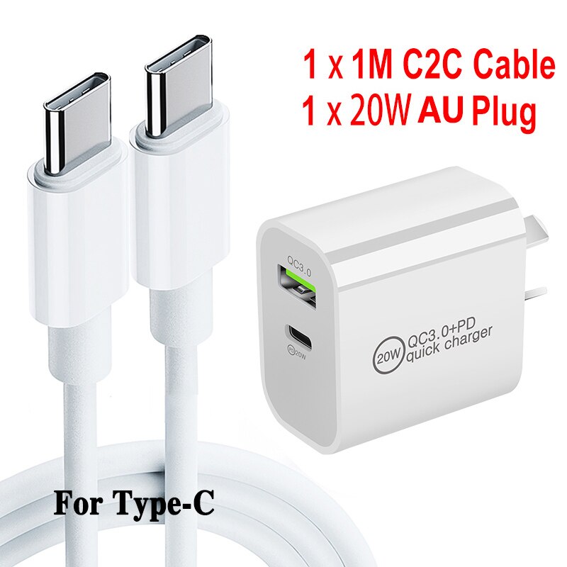 USB fast charge plug PD 5V3A 9V2A QC3.0 Mobile phone tablet charge cable For UK/AU/US/EU For iPhone/Type-C 20W Office charger: AU C2C