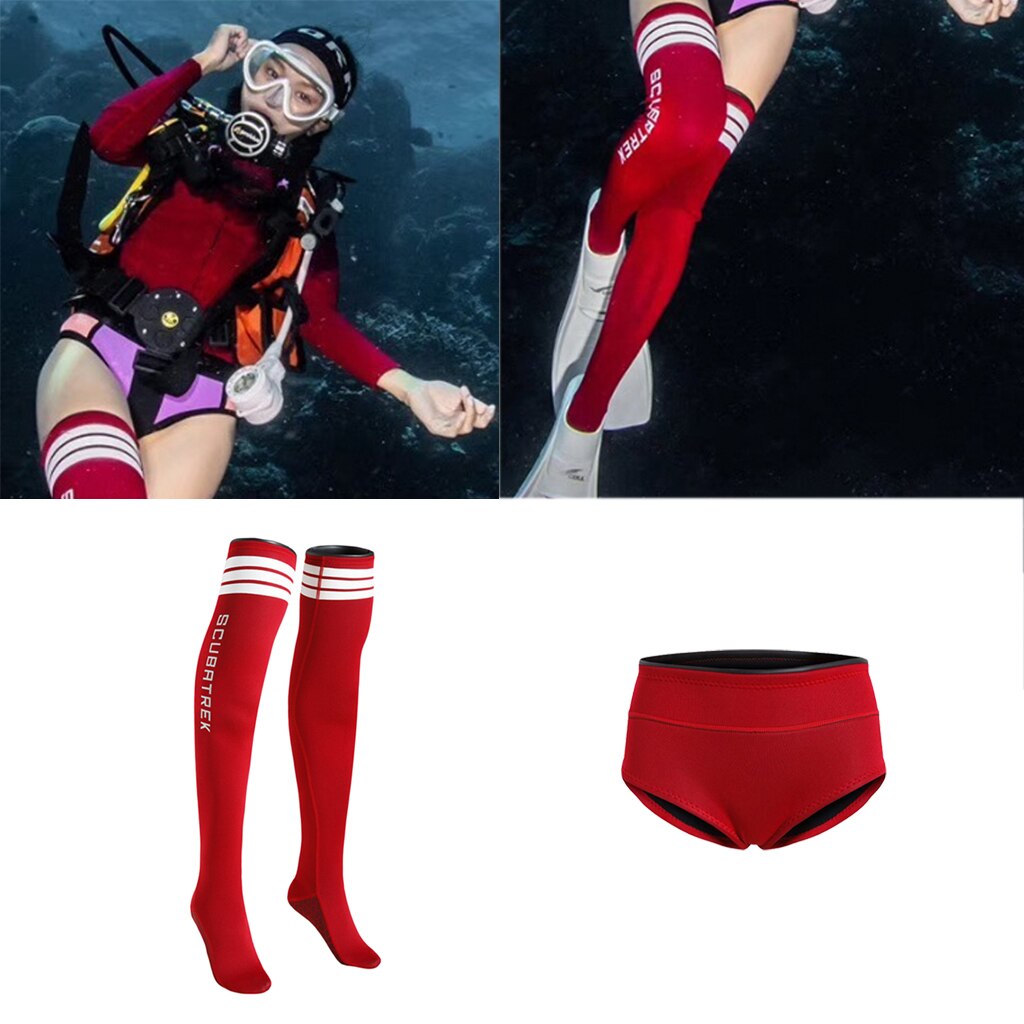 Women's Wetsuit Shorts - Neoprene Diving Suit - Anti-Slip Fin Socks - Red