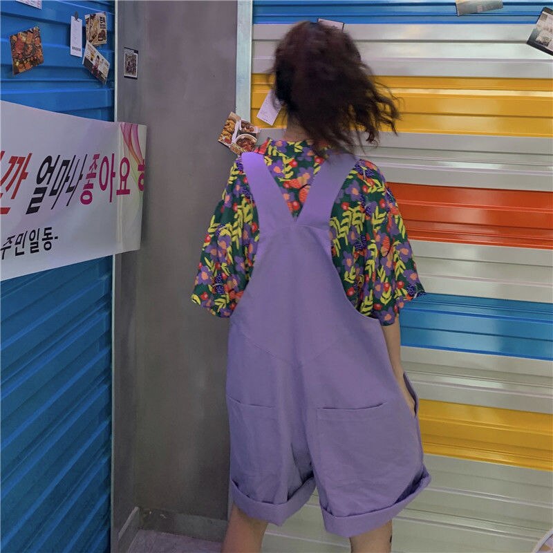 Monos Harajuku morados Ulzzang para mujer, Pelele de dibujos animados de gran tamaño, estilo universitario, trajes para mujer