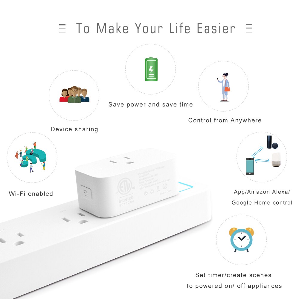 WiFi Smart Socket US 15A Power Plug Timing Function SmartLife APP Control Works with Alexa Google Voice Control
