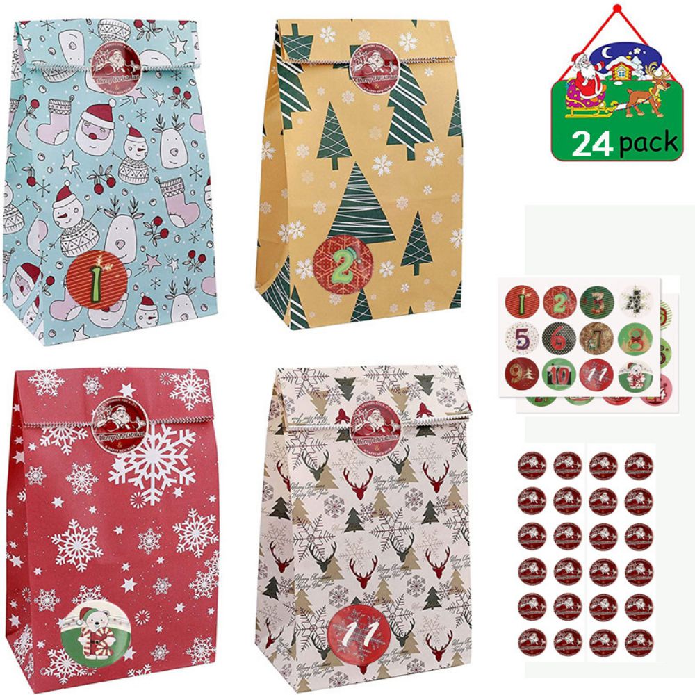 24 stuks kerstzakjes adventskalender om papieren zakjes te vullen met 1-24 cijferstickers kerst theekransje adventszakjes