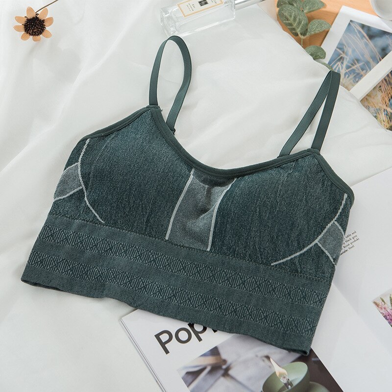 ATHVOTAR Solid Color Seamless V-Neck Bralette Camisole Push Up Adjustable Crop Top Wireless Vest Sleeveless Female Underwea: Green