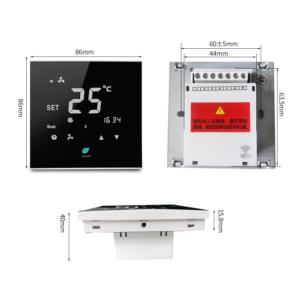 5A Tuya Wifi Smart Fan Coil Touch Screen Thermostat 220VAC Weekly Programming for Air Conditioning Temperature Cooling Heating