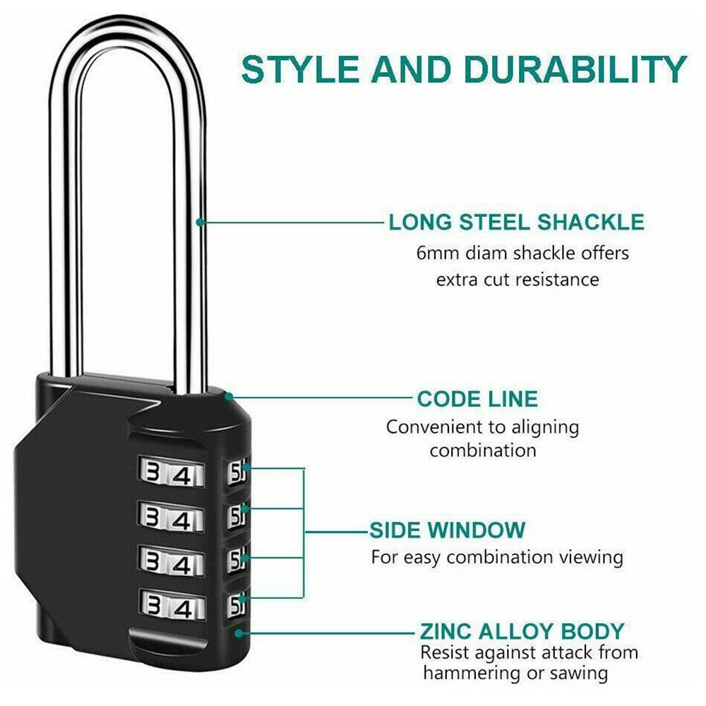 4 Digit Number Combination Padlock Long Shackle Padlock Outdoor Waterproof Lock Suitcase Luggage Security Coded Lock