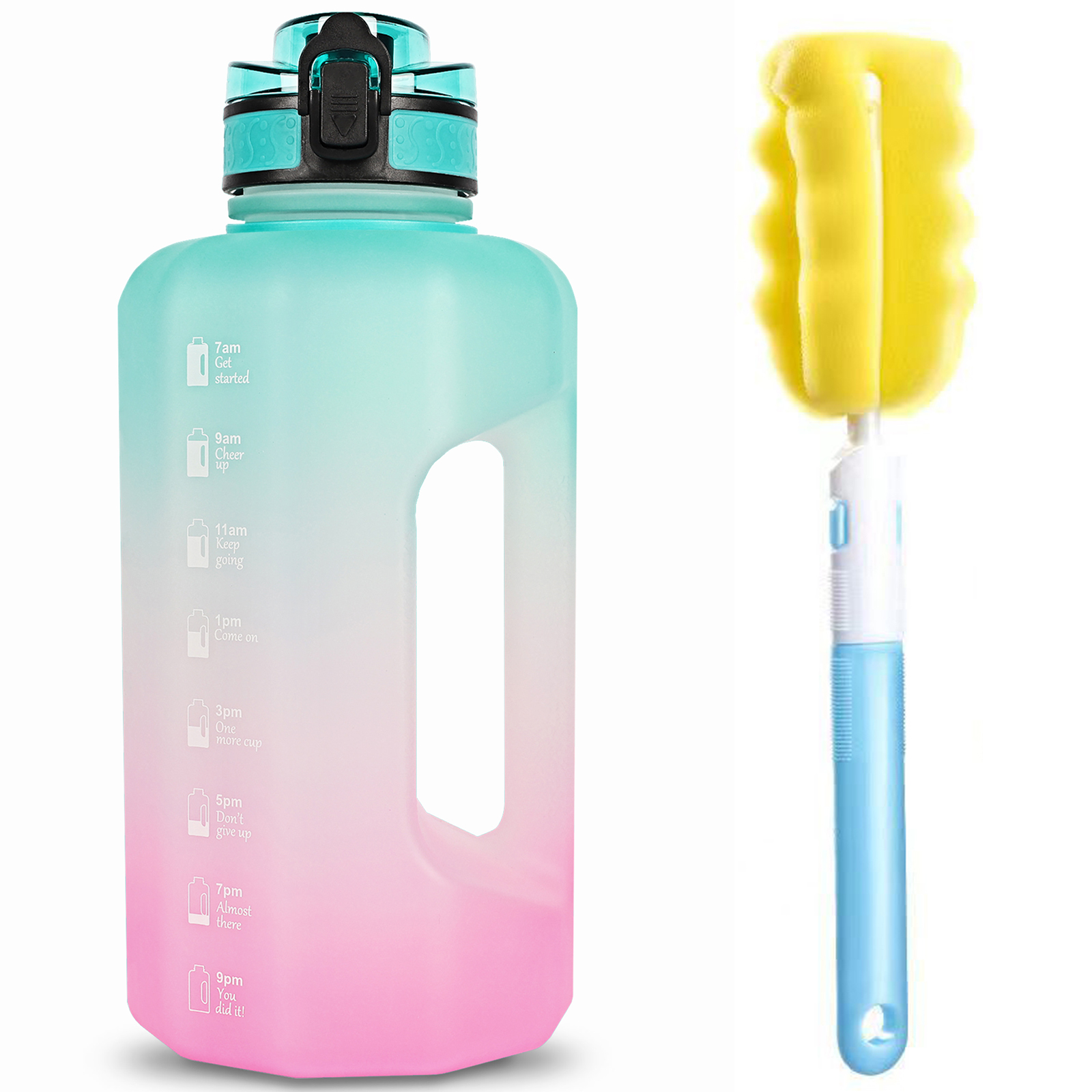 Grote waterfles 2,2 liter met handvat Tijdmarkering, rietje lekvrij halve gallon grote capaciteit enorme kruik voor training gym fitness: green