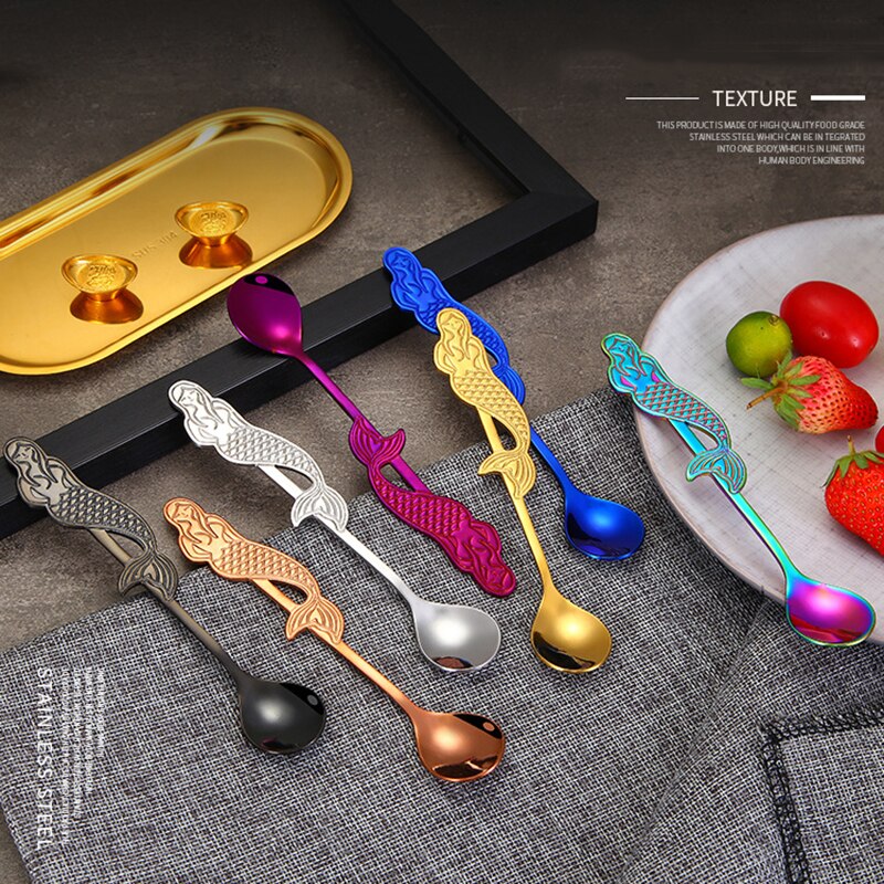 Stirring Spoon Coffee Spoon Kitchen Tea Milk Teaspoons Stainless Steel Cartoon Mermaid Shaped Kitchen Spoons Drinks Tableware