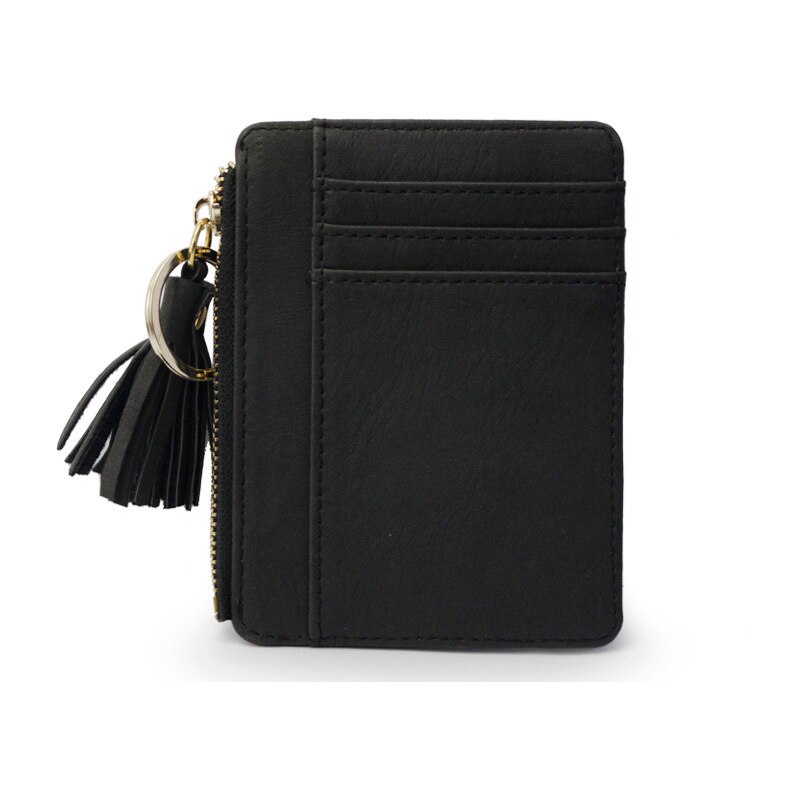 Matt Leather Mini Tassel Women Card Holder Cute Credit ID Card Holders Zipper Wallet Case Change Coin Purse Keychain Nubuck: Black