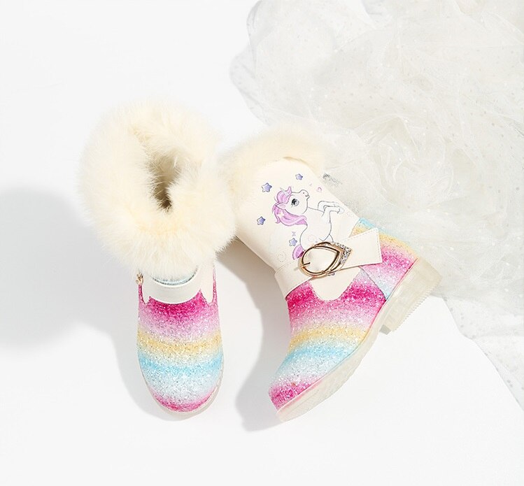 2020 nuove Ragazze Stivali Blingbling Arcobaleno Stivali Inverno Caldo Scintillio Pattini Della Principessa Delle Ragazze metà-alta Stivali Da Neve: bianca boots / 31(19.5cm)
