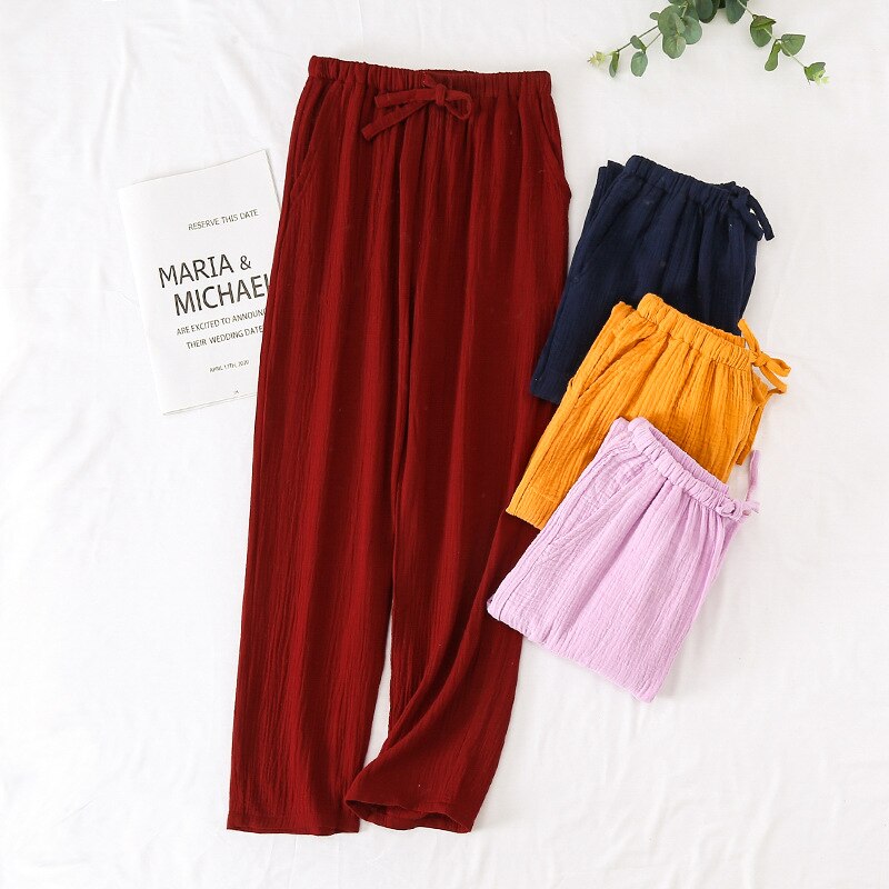 Japanese 100% Crepe Cotton Loose Casual Trousers Solid Color Pants Women's Spring And Summer Double Gauze Home Pants