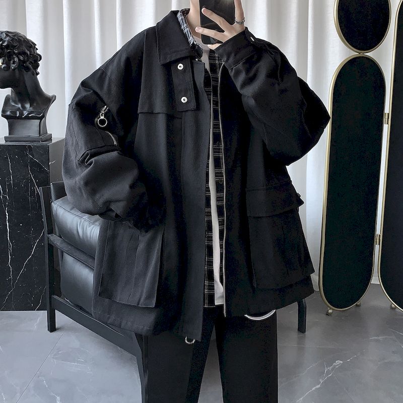 Diablo – veste safari pour hommes et femmes, manteau décontracté, tendance, multi-poches, style hongkongais, rétro, cool, pour étudiants coréens: Black / M