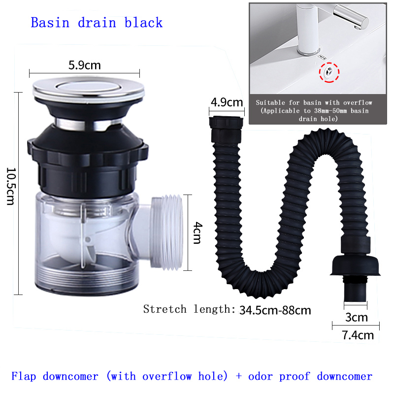 Wash Basin Down Pipe Wash Basin Stainless Steel Deodorization Drainage Hose Downcomer Large Displacement Water Pipe: Basin drain black