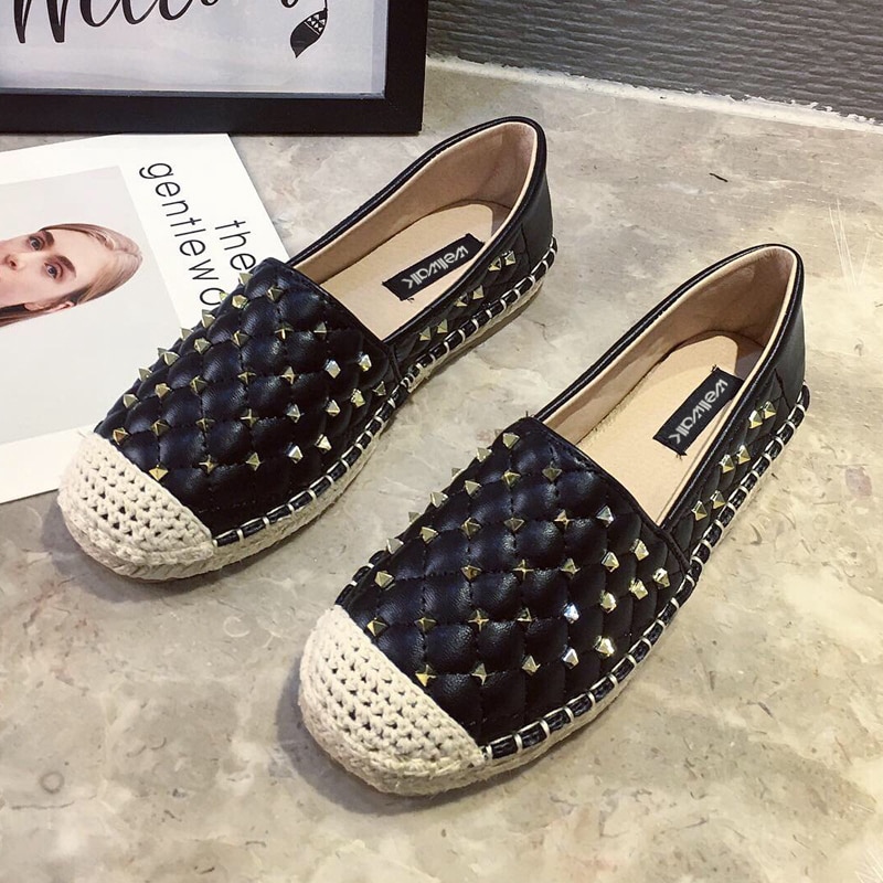 Rivet Stud Loafers Women Flats Hemp Shoes Round Toe Espadrilles Female Slip On Casual Shoe Woman Spring Autumn Moccasin