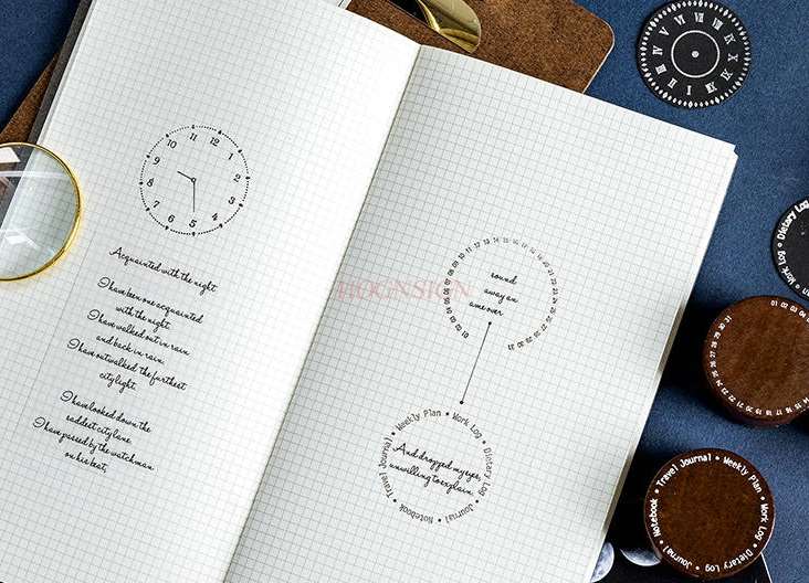 Round wooden seal moon phase perpetual calendar quartz clock sundial handbook decoration tool