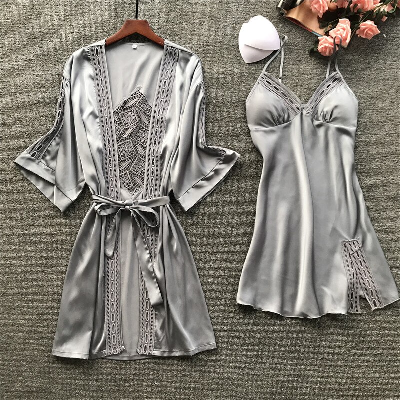 QWEEK Women Nightwear Robe Sets V-Neck Robe Set Bathrobe Set Spring Summer Robe Pijama Nightgown Robe Lingerie Femme Sexy: Gray / L