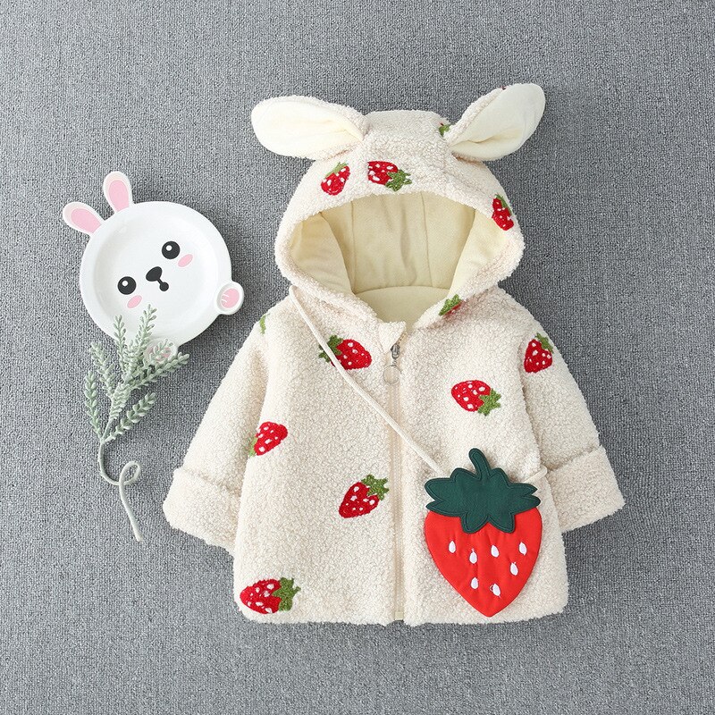 FOCUSNORM-mezcla de prendas de vestir dibujo de fresa de manga larga con capucha y cremallera, abrigos cálidos de piel para invierno, 0-3 años: Beige / 9 meses