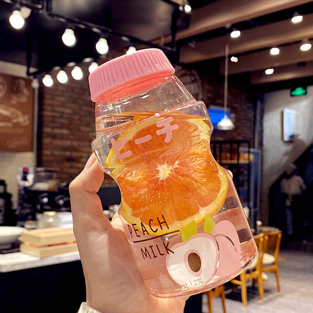 Plastic Water Bottle Tour Drinking Bottle lanyard Yakult Shape Cute Kawaii Milk Carton Shaker Bottle for Kids/Adult: Peach 01