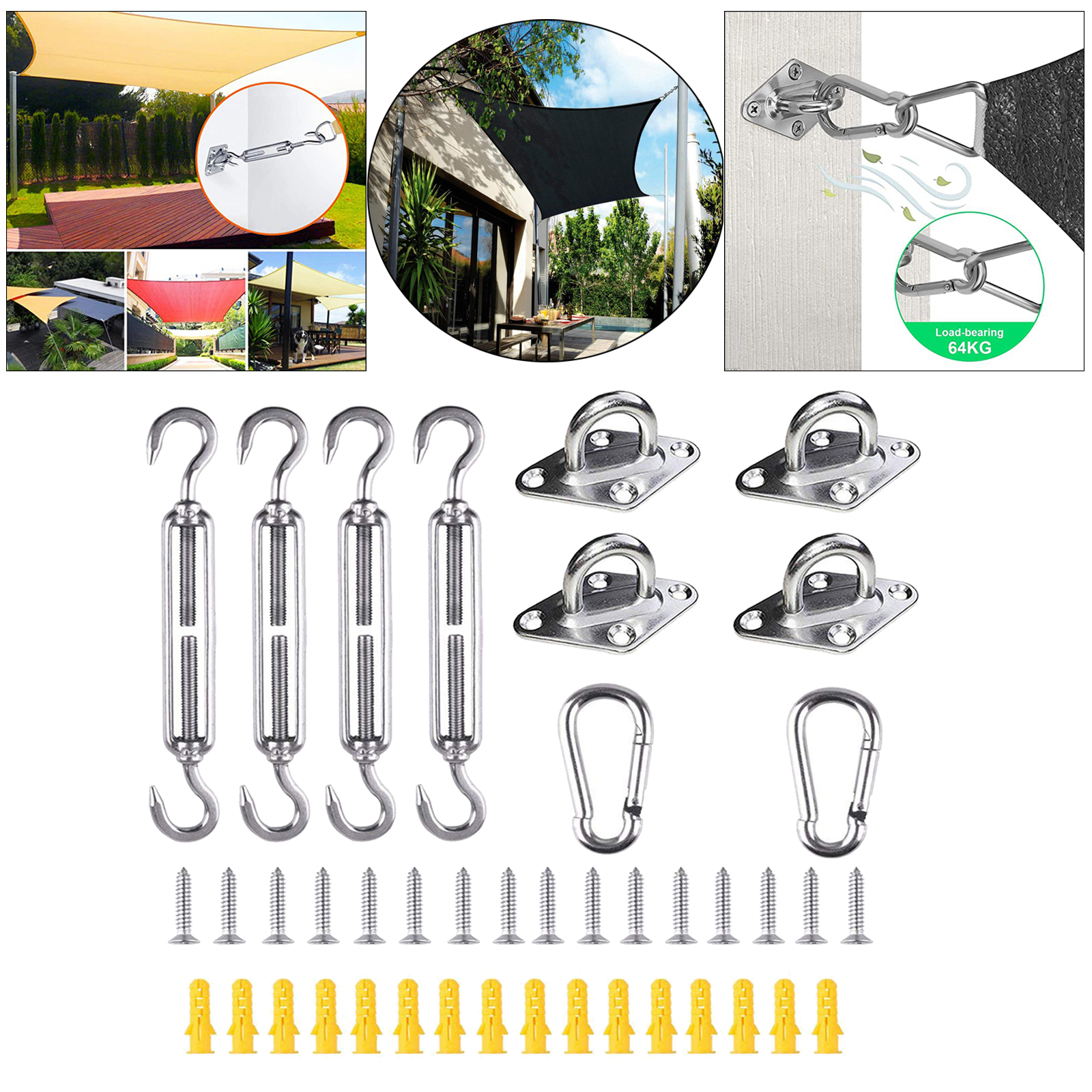 Awning Install Attachment Set Heavy Duty Sun Shade Sail 304 Stainless Steel Anti-Rust Hardware Kit for Home Garden Sunshade